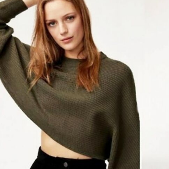 Aritzia Wilfred Free Fits Sz XS/S Lolan Green Merino Wool Knit crop sweater - Picture 2 of 10